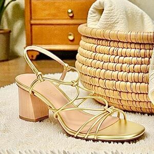 JOIE Elegant Gold Strappy Wood grain Chunky Heel Sandals 36.5
